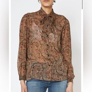 Nili Lotan Alessia Silk Shirt Blouse Small Green Rust Paisley Print Tie Collar
